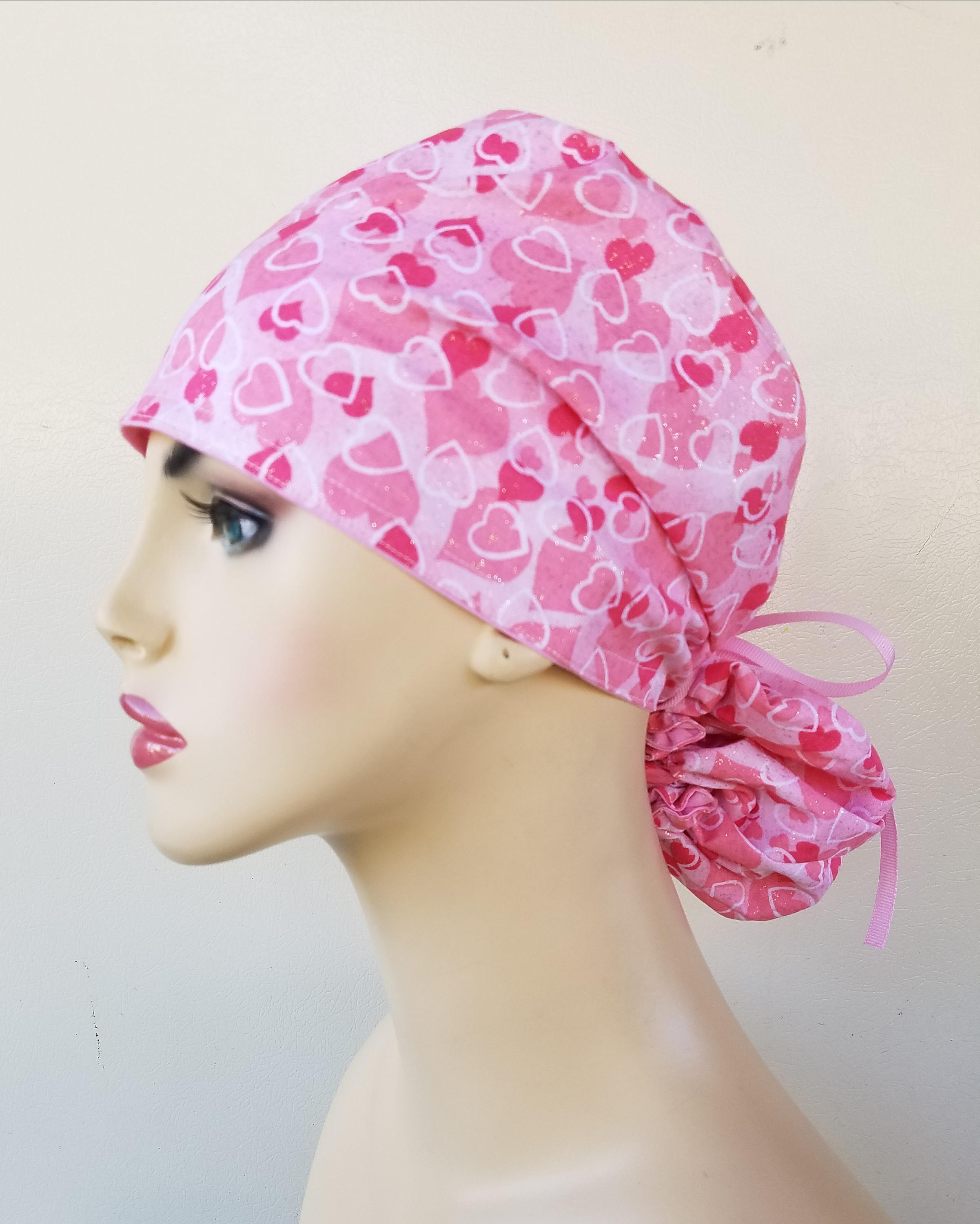 pink hearts ponytail scrub cap, scrub hat