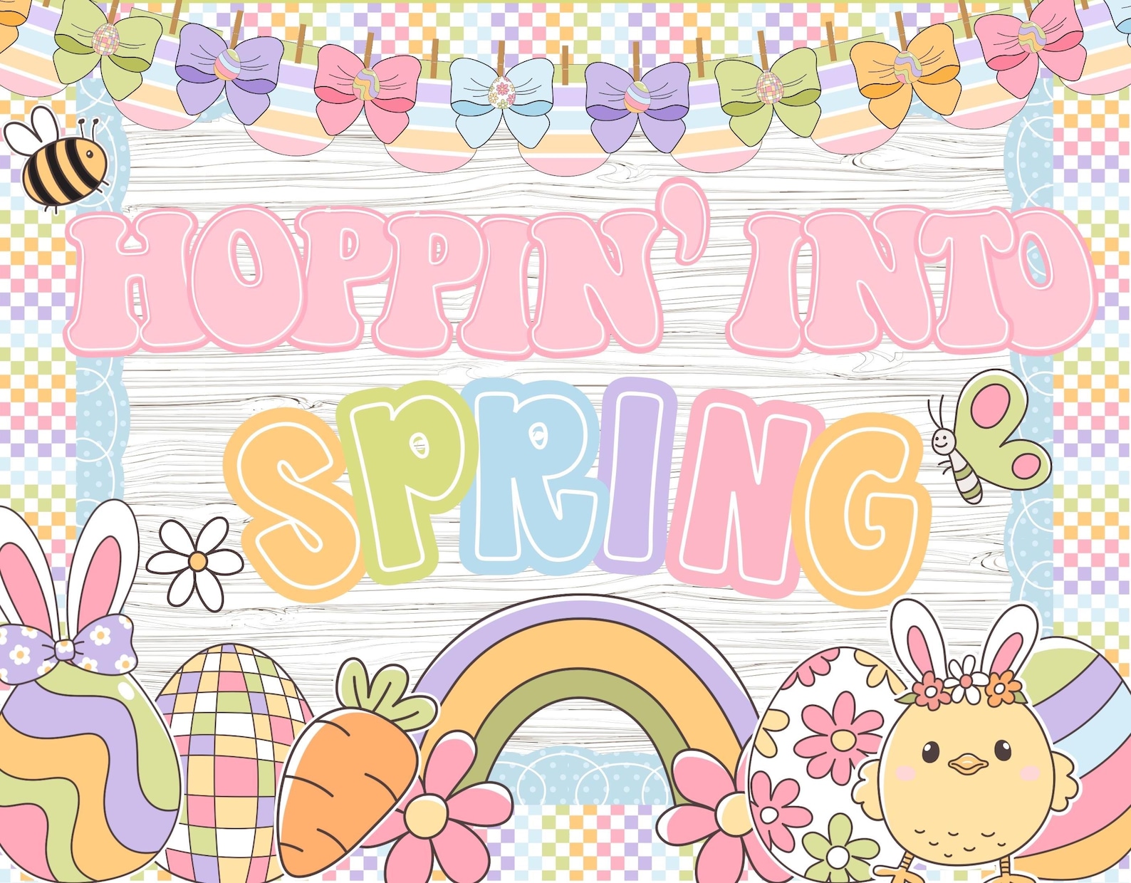 Groovy Spring Bulletin Board Kit, Retro Spring Classroom Decor, Bunny ...