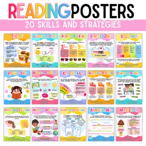 以下が含まれることがあります： 読解スキルと戦略に関する20枚の教育用ポスターのセット。各ポスターは、テーマ、原因と結果、主要なアイデアなど、さまざまな読解の概念を示しています。ポスターはカラフルで、教育目的のために設計されています。