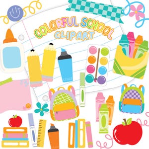 Peut inclure: Illustration de clipart scolaire coloré avec des fournitures scolaires. Comprend des crayons, des marqueurs, des crayons de couleur, des sacs à dos, des livres, une pomme rouge et le texte "COLORFUL SCHOOL CLIPART".