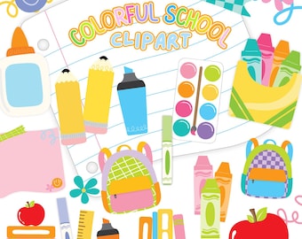 Puede incluir: Ilustración de clipart escolar colorido con útiles escolares. Incluye lápices, marcadores, crayones, mochilas, libros, una manzana roja y el texto "COLORFUL SCHOOL CLIPART". El diseño está sobre un fondo blanco.