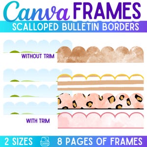 Może przedstawiać: Obraz przedstawiający różne faliste obramowania tablic ogłoszeń. U góry znajduje się tekst "Canva FRAMES" i "SCALLOPED BULLETIN BORDERS". Obraz wyświetla obramowania z i bez wykończenia, w różnych kolorach i wzorach. Na dole znajduje się tekst "2 SIZES" i "8 PAGES OF FRAMES".