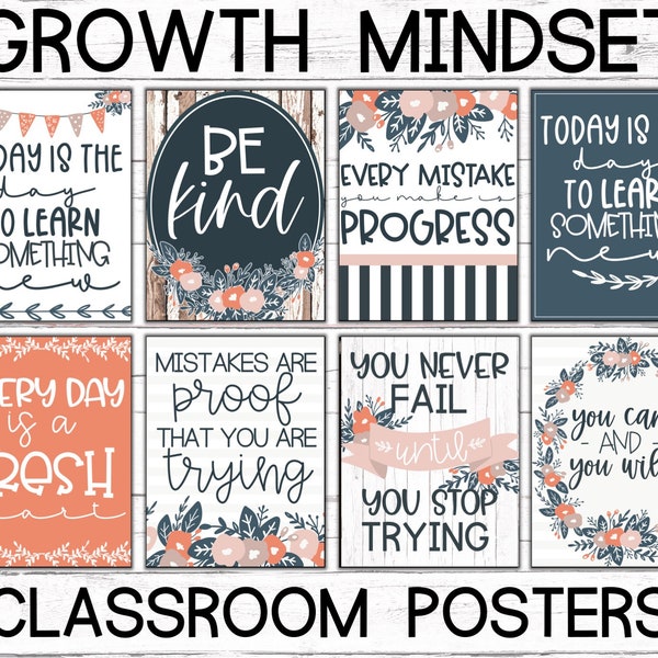 Floral Farmhouse Classroom Posters, Farmhouse Posters, Growth Mindset Posters, Motivational Posters, Classroom Decor, Teaching, Positive