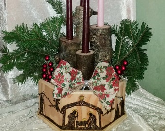 Christmas Advent Wreath Centerpiece. Nativity Centerpiece.Maple, and cottonwood logs. Brass holder insets.Log Advent Wreath.Nativity Wreath.