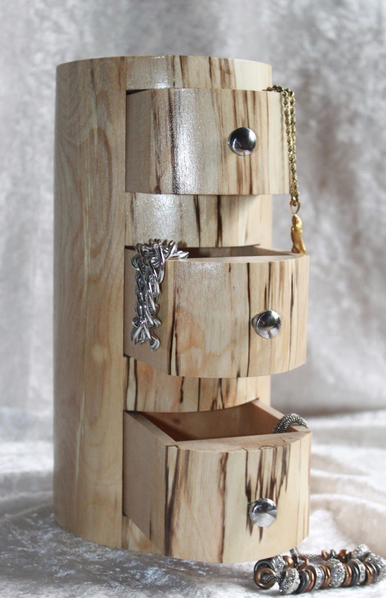 Log Jewelry Box W/ 2 Secret Compartments & 3 Drawers Approx. 9 Tall and