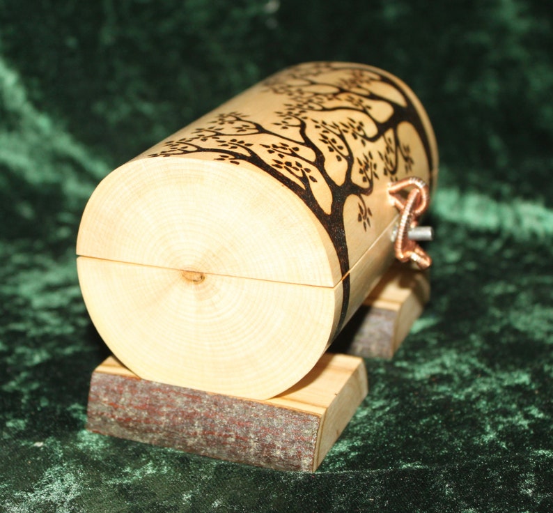 Lined w blue velvet Woodburned box Jewelry Chest Pyrography jewelry box. Wire wrapped latch Celtic jewelry box Woodland elf log box