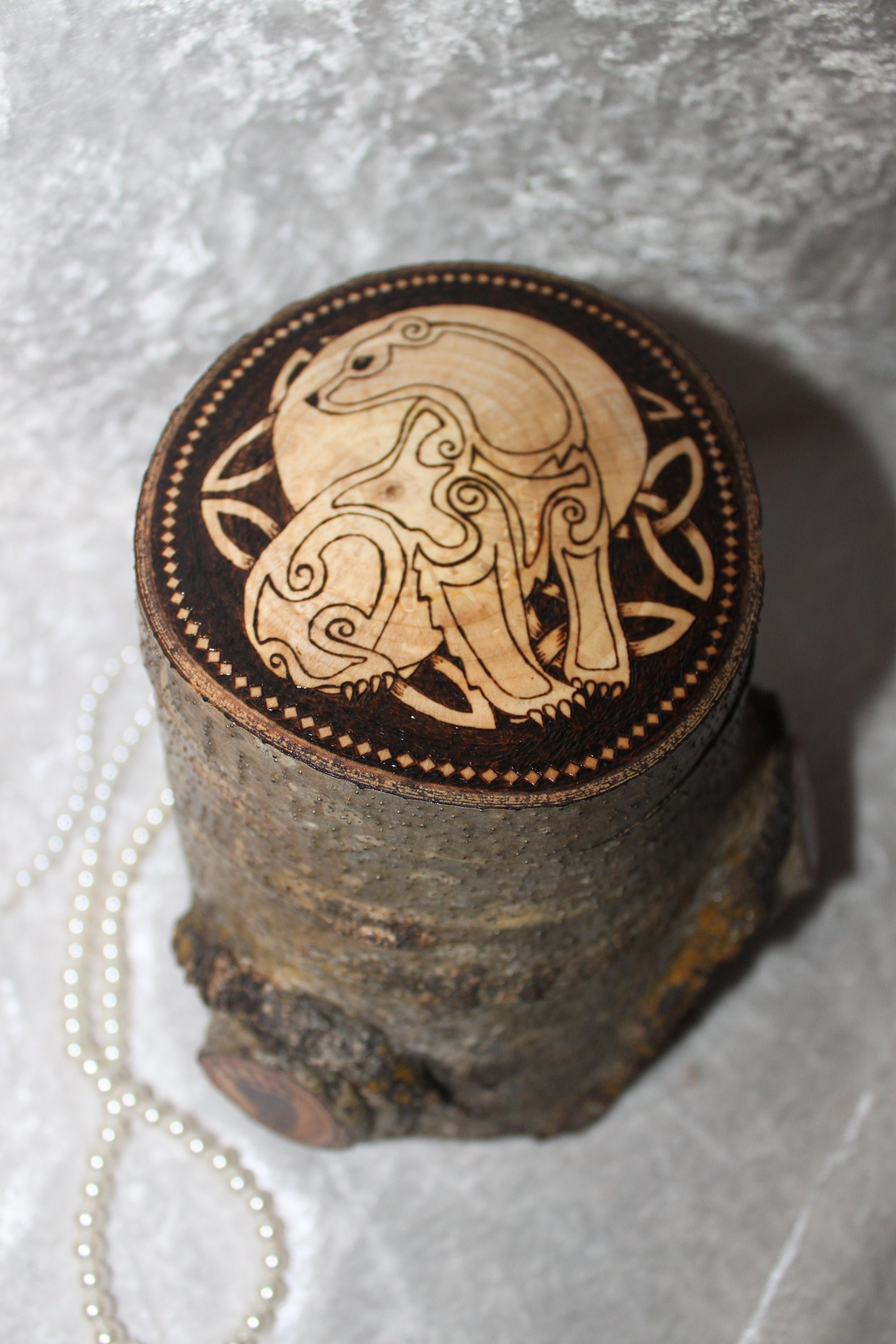 Celtic Bear Jewelry Box. Red Velvety Insides. Pyrography Polar