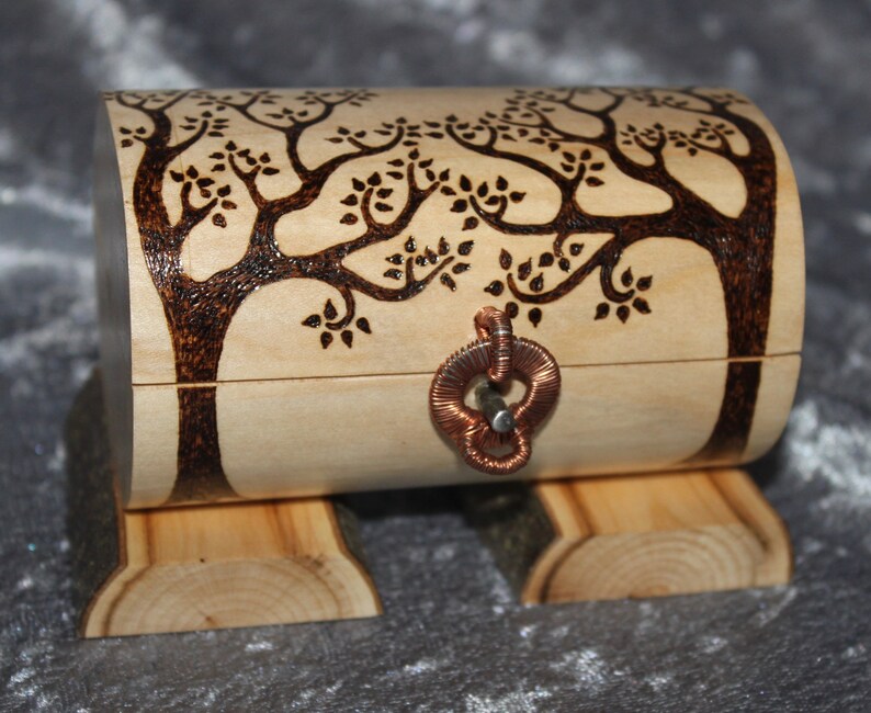 Lined w blue velvet Woodburned box Jewelry Chest Pyrography jewelry box. Wire wrapped latch Celtic jewelry box Woodland elf log box