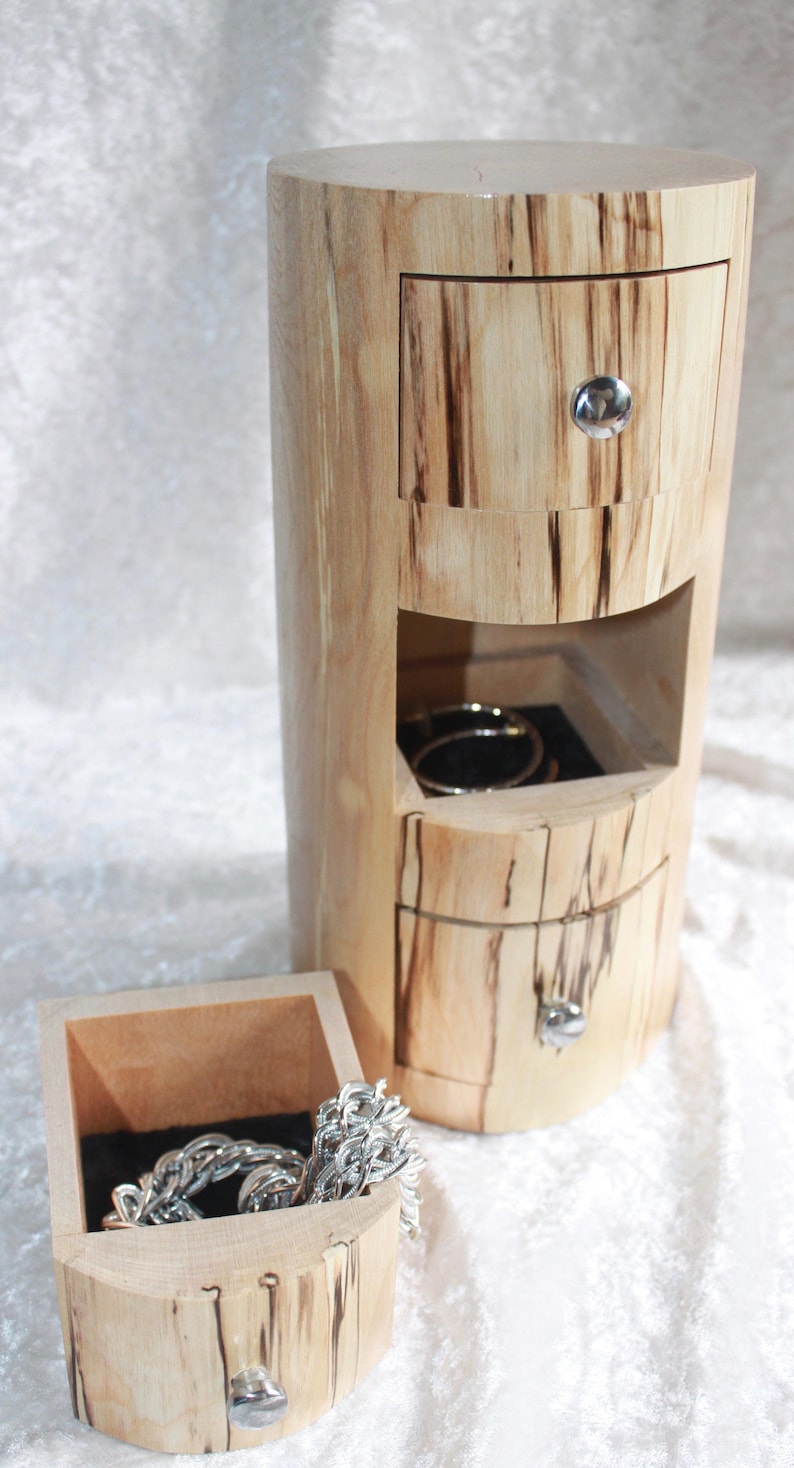 Log Jewelry Box W/ 2 Secret Compartments & 3 Drawers Approx. 9 Tall and