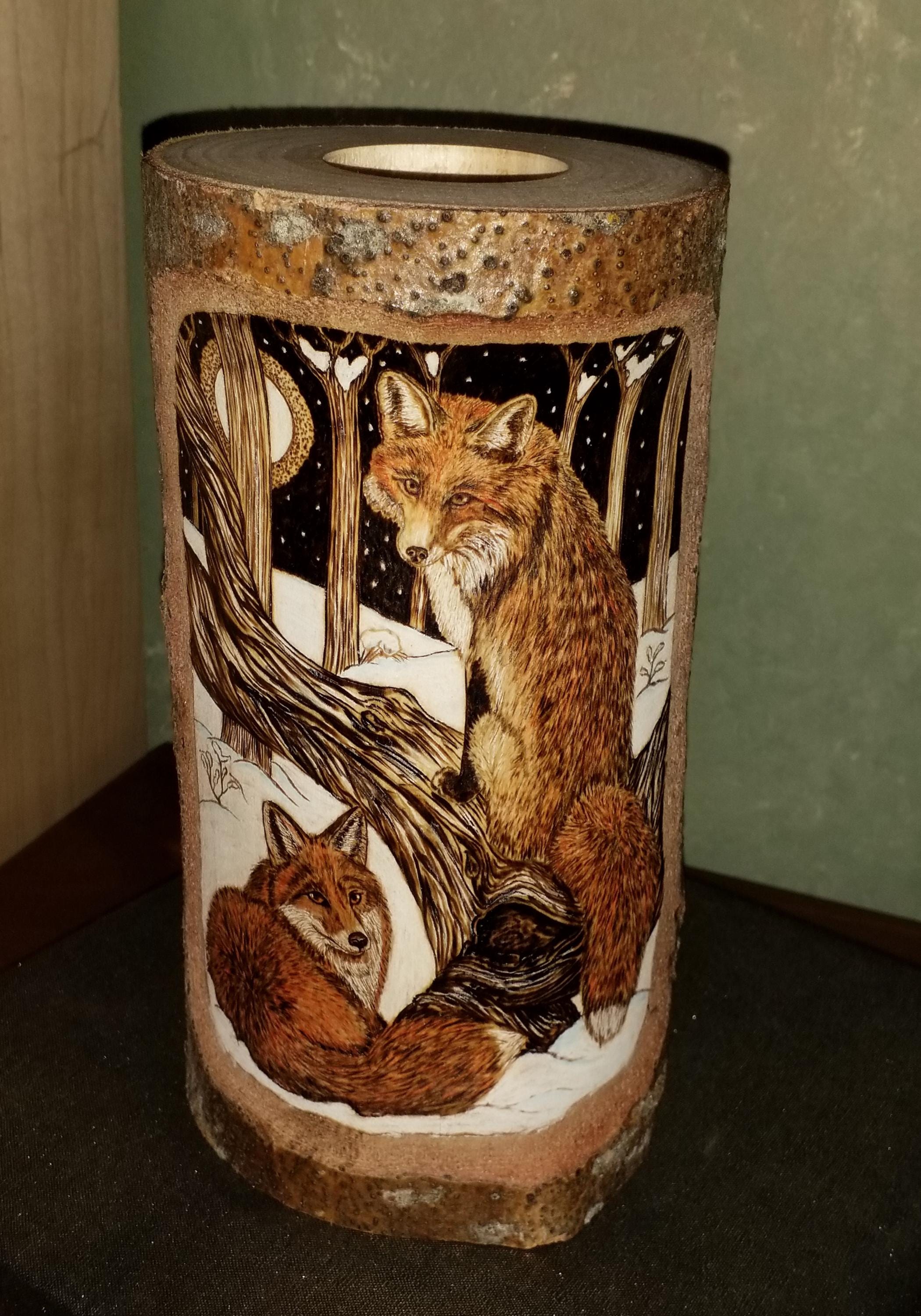 Pyrograph Fox Foxes Tealight. Fox Pyrography Art.wood Art.wood Burned Candleholder ...
