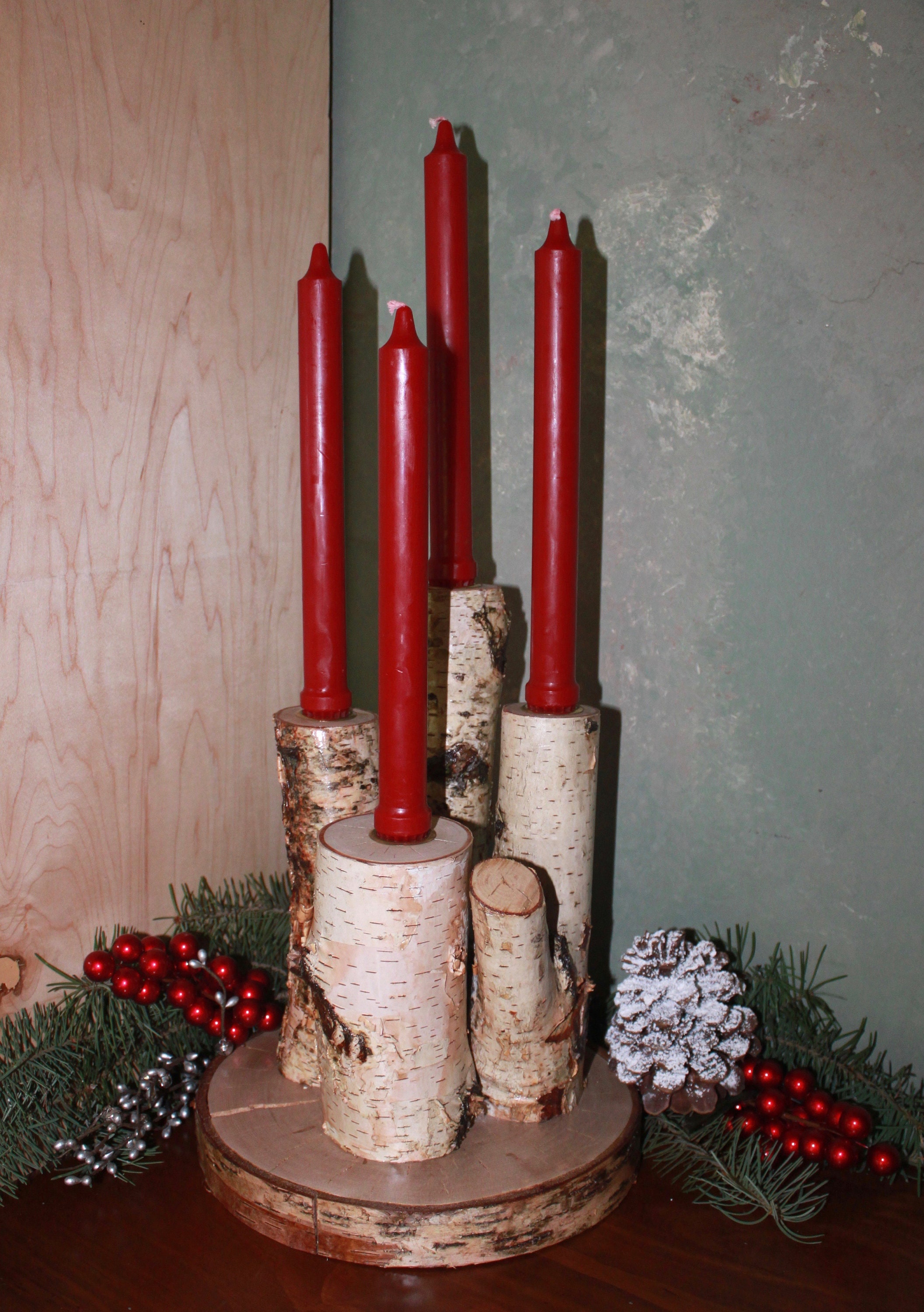 Christmas Advent Wreath Centerpiece. 4 Candle Candelabra. Birch Wood