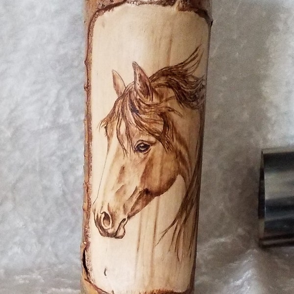 Horse Tealight candleholder. ''Dreamer'' Horse, Mare. Woodburning pyrography art. Aspenwood log candleholder. Ranch decor. Cabin decor.