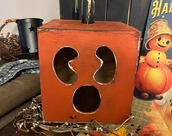 Handmade wooden jack o lantern box with clip light hole in the back (not included)