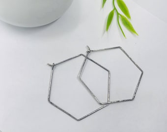 Rustic Hammered sterling silver hexagon hoop earring