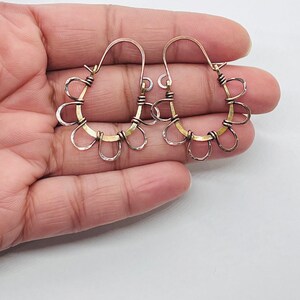 Rustic mixed metal flower hoop earring