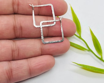 Hammered Sterling Silver Square Hoop Earrings: Delicate Minimalist Style