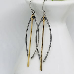 14 k gold and sterling silver rustic hammered leaf earring