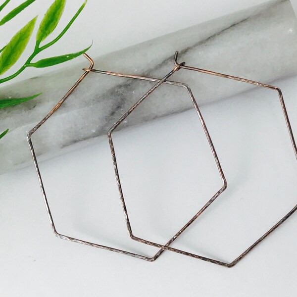 Rustic Hammered hexagon copper hoop earring