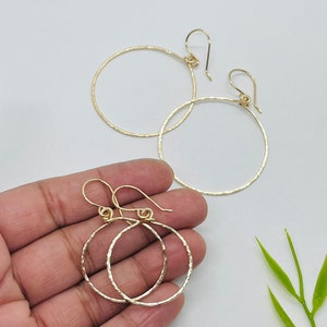 Hammered  gold round hoop drop earring