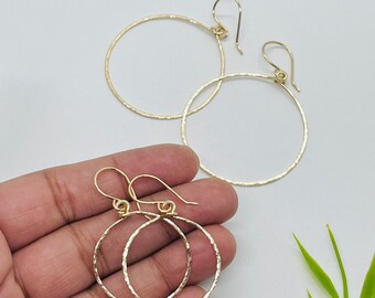Hammered  gold round hoop drop earring