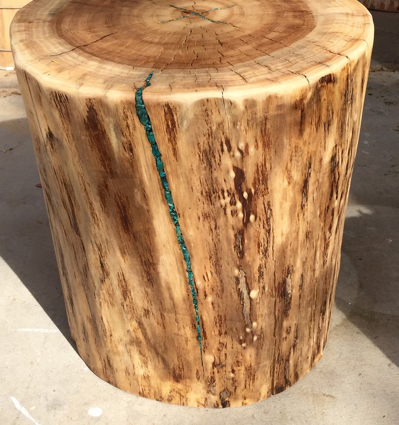 Tree Stump Table with Turquoise inlay Etsy