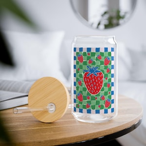 Sipper Glass, Cute Strawberry Design, 16oz - Blue and Green Checkered Background, Gift for Fruit Lovers, Kitchen Decor, Summer Party Favor,
