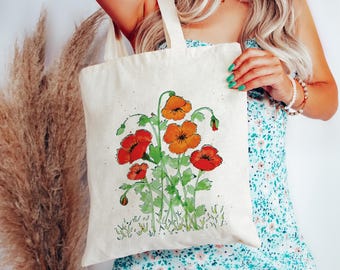 Wildflower Tote Bag - Stunning Red and Orange Icelandic Poppies Design, Cotton Canvas Tote Bag, 15" Wide x 16" Tall, Summer Floral Beach Bag