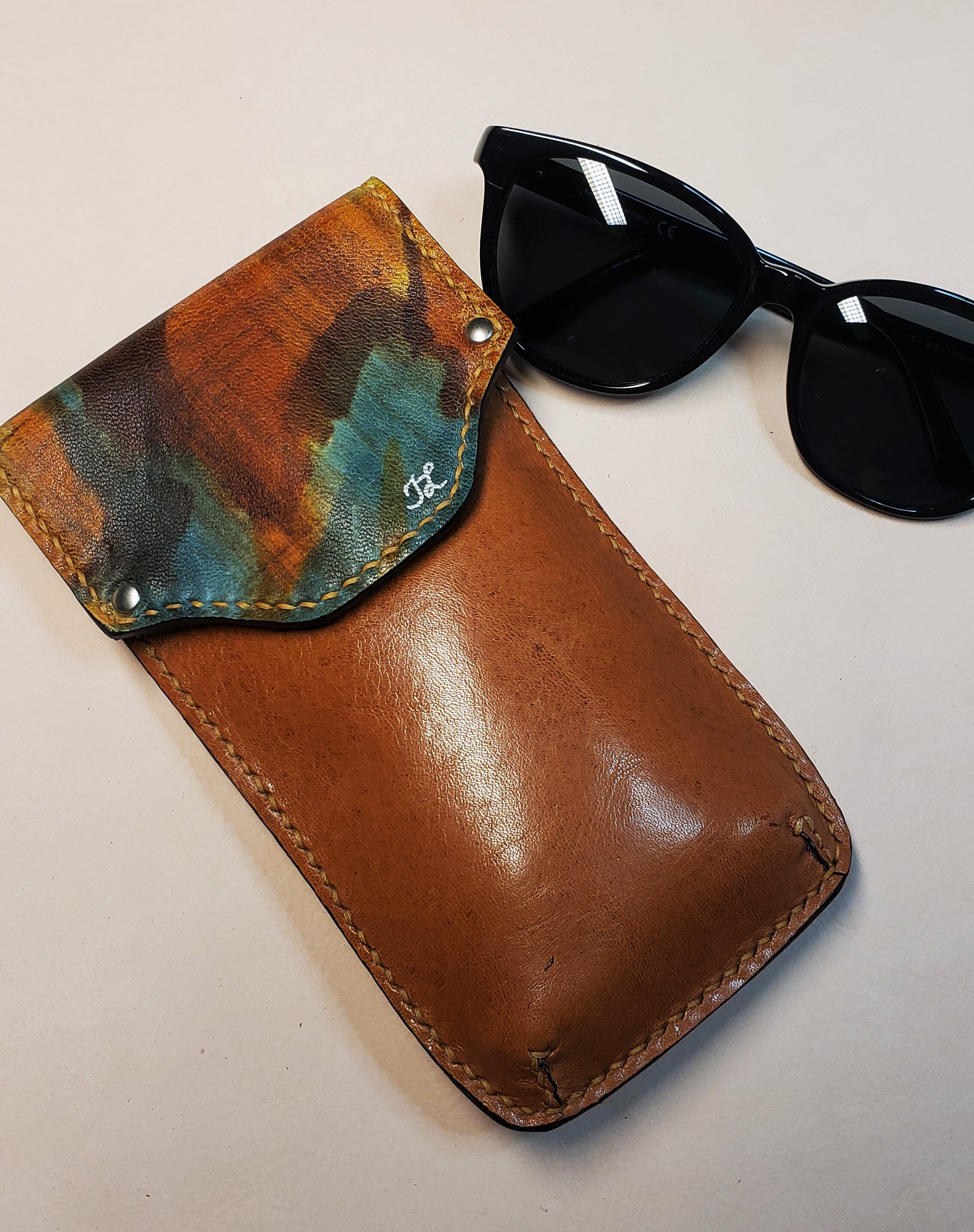 Hand Painted Recycled Leather Glasses Case in Navy and Gold 