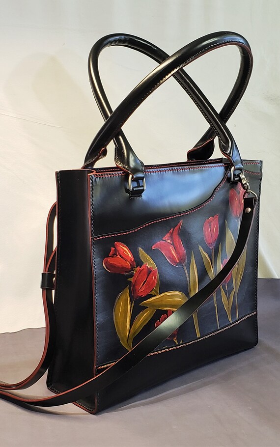 Bags, Handpainted Real Leather Black Handbag