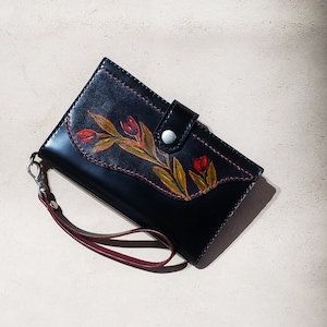 Descuento ya aplicado 30% (antes 140 d canadienses) Cartera grande de cuero negro, mujer, pintada a mano, cosida a mano, hecha en Quebec