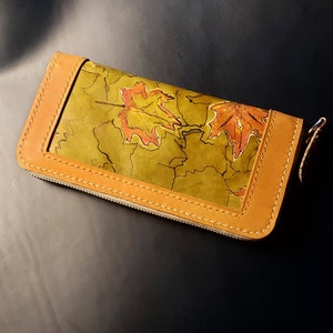 Cartera larga, cuero tostado medio, regalo de compra local, cosido a mano, Quebec, Canadá, artesano de Quebec, cremallera