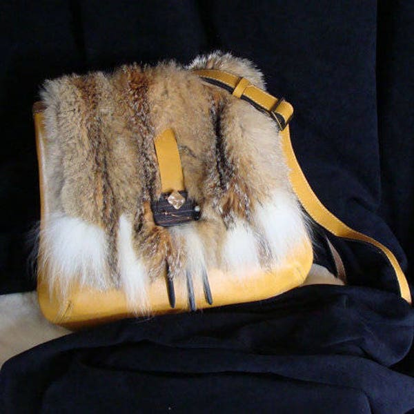 Handbag for women with recycled fur and yellow leather, Quebec, designer handmade in the Canada