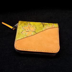 Cartera de piel nobuk naranja con cremallera, cosida a mano por artesanos de Quebec, Canadá, monedero compacto.