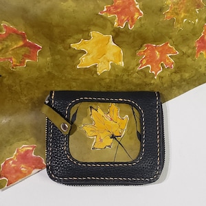 Cartera de cuero negro para hombre o mujer, cierre de cremallera, cosida a mano, tarjetas artesanales de Quebec Canadá, compacta