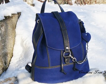 La douceur du nubuck, sac à dos en nubuck bleu cobalt, cousu main, fabriqué au Québec, fait au Canada, achat local, sur commande