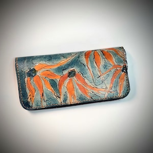 Cartera larga de cuero con cremallera, teñida a mano, mujer, cosida a mano, Made in Quebec, Canadá, artesana, compra local