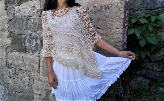 Beige Summer ponchos, Poncho shawl, Beige cotton poncho, Loose knit Poncho, Summer dress shawl, Shimmer shrug, Glitter poncho knitted Beige Summer ponchos, Poncho shawl, Beige cotton poncho, Loose knit Poncho, Summer dress shawl, Shimmer shrug, Glitter poncho knitted