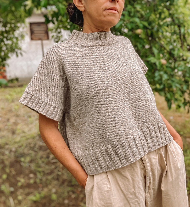 May include: A light brown knitted sweater with short sleeves and a high neckline. The sweater has a relaxed fit and a slightly cropped length.