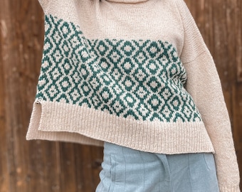 Knitting pattern sweater Colorwork sweater pattern Cropped sweater Top Down sweater pattern for women Pullover pattern Boxy sweater