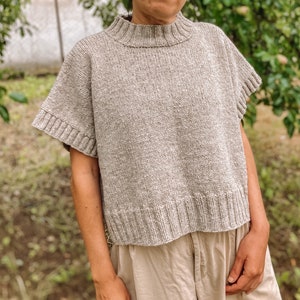 May include: A light brown knitted sweater with short sleeves and a high neckline.