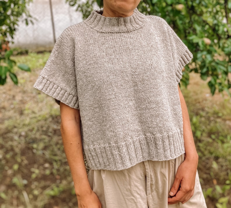 May include: A light brown knitted sweater with short sleeves and a high neckline.