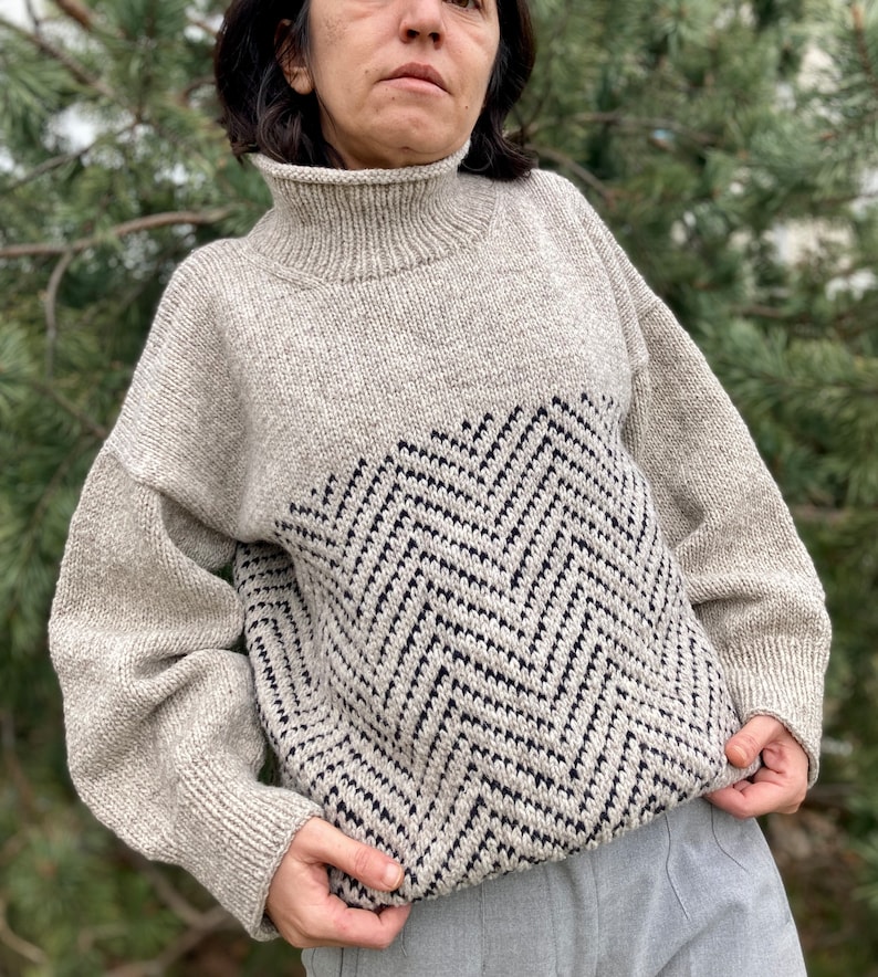 Puede incluir: Un su&eacute;ter beige de cuello alto con un patr&oacute;n de chevron negro y blanco en la mitad inferior.