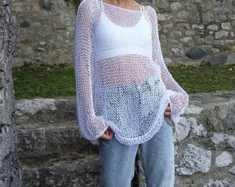 KNITTING PATTERN - Cotton Mesh Sweater -Loose sweater pattern - Womens Sweater Pattern - Summer sheer oversized sweater- Top Down sweater