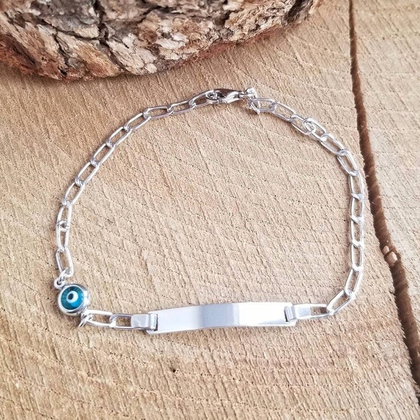 925 Sterling Silver Blue Greek Evil Eye Tag Bracelet. 925 Sterling Silver. Free Custom Engraving.