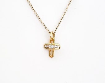 14K Super Tiny Solid Yellow Gold Cross Pendant Crucifix.White Cubic Zirconia. Christian Pendant. Open Gold Ring Bail.