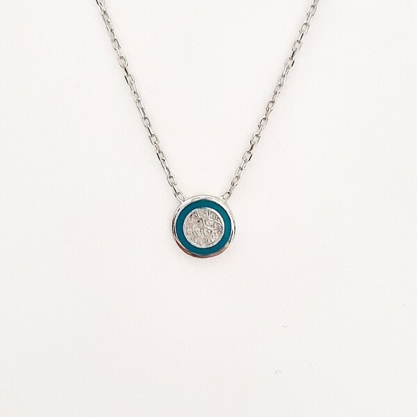 Silver Tiny Phaistos Disc Turquoise Enamel Pendant Necklace. 925  Sterling Silver. Ancient Greek Medallion.