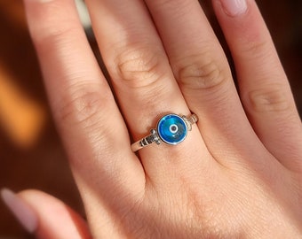 925 Sterling Silver Blue Greek Evil Eye Ring.Silver Ring. Good Luck and Protection Jewelry.