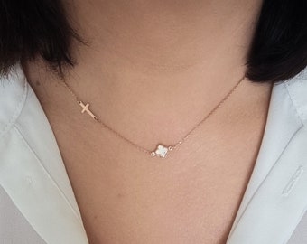 14K Tiny Rose Solid Gold Mother of Pearls Cross Chain Pendant. Minimalist Christian Necklace. Classy Women Cross Casual Charm Necklace.