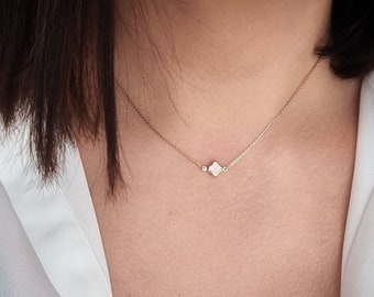 14K Tiny Rose Solid Gold Mother of Pearls Cross Chain Pendant. Minimalist Christian Necklace. Classy Women Cross Casual Charm Necklace.