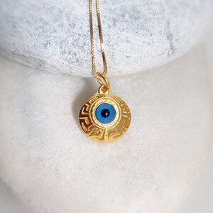 925 Sterling Silver Greek Evil Eye Pendant. Blue Murano Evil Eye.Meander Art Greek Pendant.Good Luck and Protection Charm